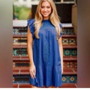 J. Marie Embroidered Ruffled Flutter Sleeve Tiered Dress NWT Cobalt Blue XS